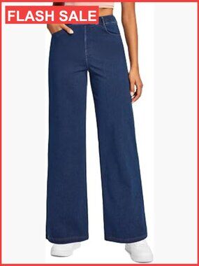 Wide Leg Pull On Jeans for Women High Rise Stretchy Denim 5 Pockets